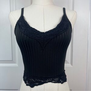 Black Lace Trim Ribbed Tank Top